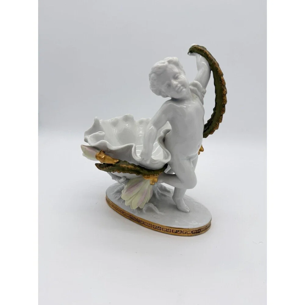 Antique Moore Bros White/Gold Trim Orchid Porcelain Putti Cherub Bowl Sculpture